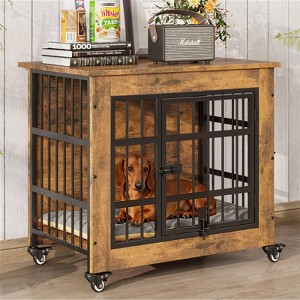 27.1" Dog Crate Furniture with Cushion and Wheels, Wooden Dog Kennel Indoor for Small Dogs, Rustic Brown - 1 of 4