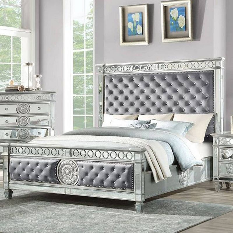 90&#34; Eastern King Bed Varian Bed Gray Velvet &#38; Mirrored - Acme Furniture, 1 of 7