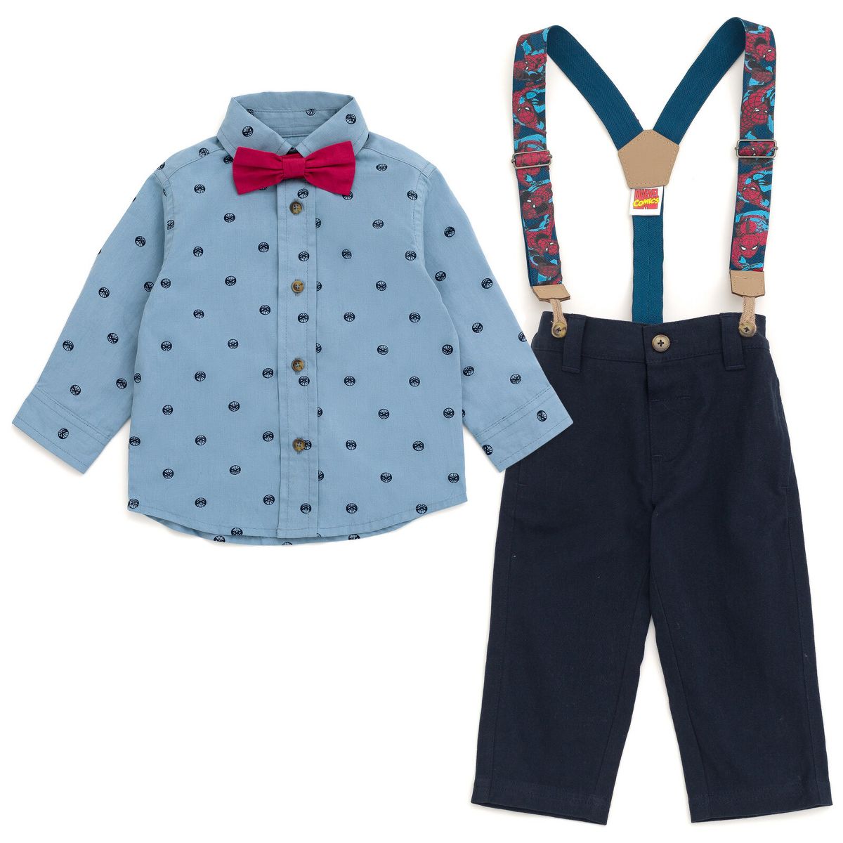 Marvel Button Down Shirt, Twill Pants, Suspenders and and Bow-Tie 4 Piece Outfit Set