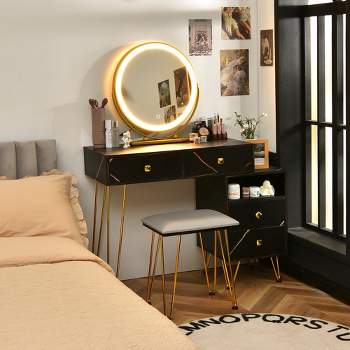 Costway Vanity Table Stool Set Dimmer LED Mirror Large Storage Cabinet Drawer Walnut\ Black\Brown\White