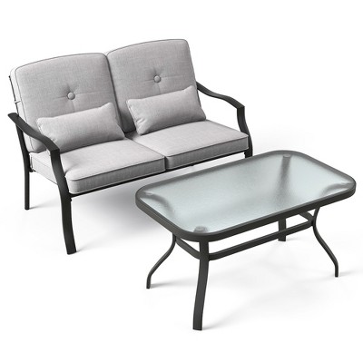 Tangkula 2PCS Furniture Set Outdoor Loveseat Chair Coffee Table Cushioned Seat Patio