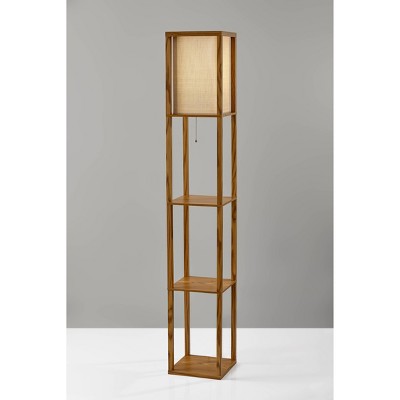Natural Wood Veneer 63'' Floor Lamp with Textured Shade and Shelves