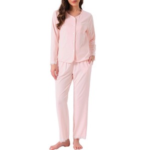 INSPIRE CHIC Women's Pajama Sets Lace Trim Long Sleeve Button Down Sleepwear Elastic Waist Lounge Pant Set with Pockets - 1 of 4