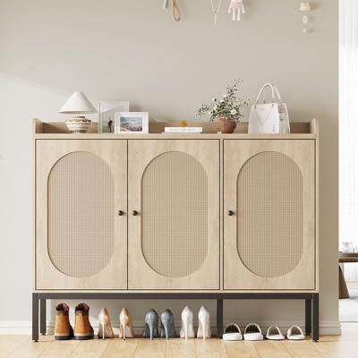 Shoe Cabinet with 3 Rattan Doors, Freestanding Shoe Storage Organizer with Adjustable Shelves