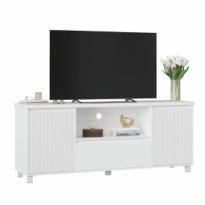 Modern White Wood TV Console Table for TVs Up to 70" ¨C Wave Design Entertainment Center with Open Shelf, Drawer & 2 Storage Cabinets - 1 of 4