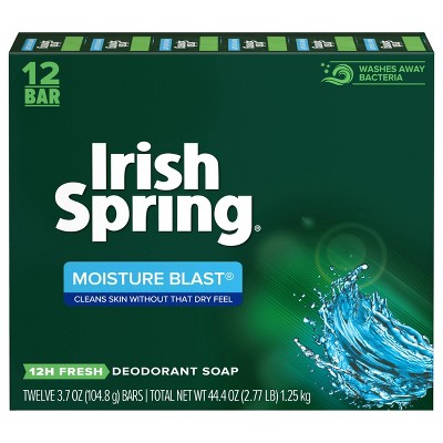 Irish Spring Moisture Blast Moisturizing Bar Soap for Body and Hands - Washes Away Bacteria - 12pk - 3.7oz each