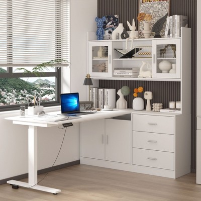 Famapy Liftable Desk Computer Desk Large Desktop All-in-One Composite Storage Cabinet White