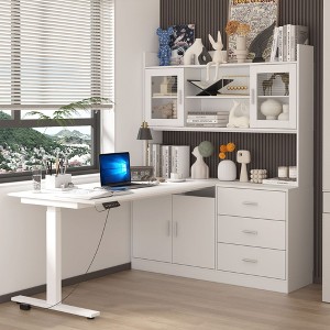 Famapy Liftable Desk Computer Desk Large Desktop All-in-One Composite Storage Cabinet White - 1 of 4