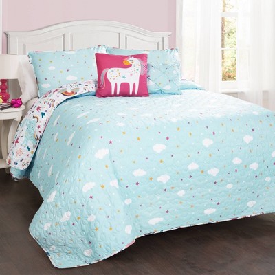 Unicorn Heart Multicolor Microfiber Twin Quilt Set