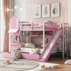 Polibi Castle-Inspired Full-Over-Full Bunk Bed with Slide, Staircase Storage & Dual Drawers - 1 of 4