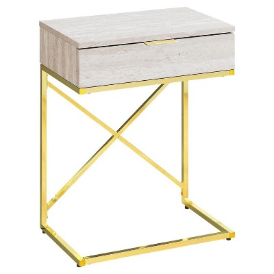 Monarch Specialties Accent Table Side End Nightstand Lamp Storage Drawer Living Room Bedroom Metal Laminate Beige Marble Look Gold Contemporary Modern