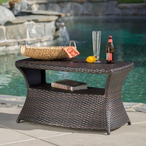 34" Wicker Outdoor Side Table with Storage Shelf and Umbrella Hole for Patio or Poolside Lounge-Cuddlewood - 1 of 4