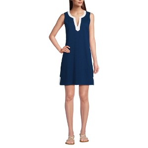 Lands' End Women's Cotton Jersey Notch Neck Dress with Soutache - 1 of 4