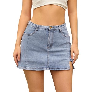 INSPIRE CHIC Women's Jean Side Slit High Waisted A-Line Stretch Mini Denim Skirts - 1 of 4