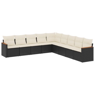 vidaXL 9 Piece Patio Sofa Set with Cushions Black Poly Rattan - Black and Cream Without Table