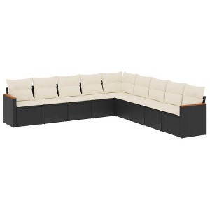vidaXL 9 Piece Patio Sofa Set with Cushions Black Poly Rattan - Black and Cream Without Table - 1 of 4