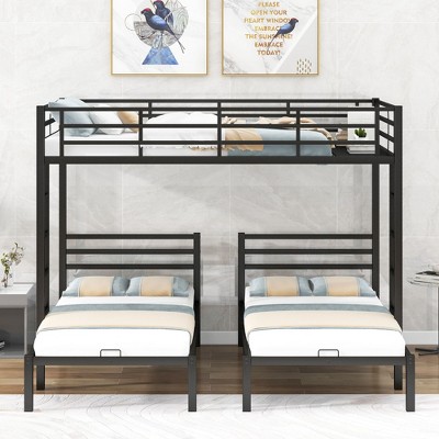 Okak Full over Twin-Twin Triple Loft Bunk Bed with Built-in Shelf Metal Frame Bed with Ladder & Safety Guardrail for Teens Kids Noise Reduced, Black