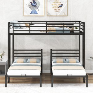 Okak Full over Twin-Twin Triple Loft Bunk Bed with Built-in Shelf Metal Frame Bed with Ladder & Safety Guardrail for Teens Kids Noise Reduced, Black - 1 of 4