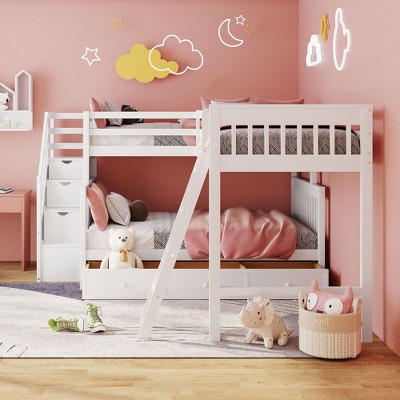 NicBex Twin over Full Bunk Bed Pine Triple Bed Frame with Drawers, Shelves, Storage Stairs, Ladder and Guardrail, No Box Spring Required