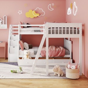 NicBex Twin over Full Bunk Bed Pine Triple Bed Frame with Drawers, Shelves, Storage Stairs, Ladder and Guardrail, No Box Spring Required - 1 of 4