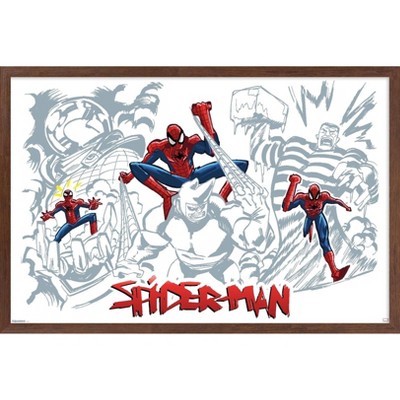 Trends International Marvel Spider-Man: Inked - Trio Framed Wall Poster Prints Mahogany Framed Version 22.375" x 34"