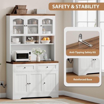 Garvee 70.8 in Tall Kitchen Pantry Cabinet with Hutch Fluted Glass Doors and 2 Drawers, Multifunctional Storage Cabinet for Dining Room - Brown White — фото 6