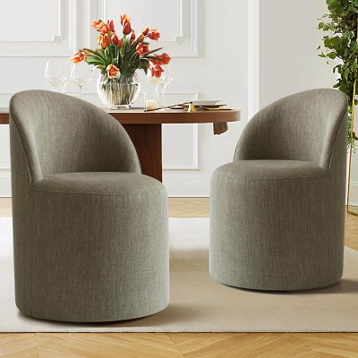 Modern Upholstered Dining Chair with Castors Round Barrel Dining Room Chair Linen Dining Chairs Set of 2 for Kitchen -Tanpinhause