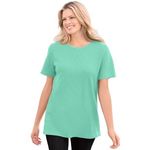Woman Within Waffle Thermal Satin Trim Tee - 1 of 4