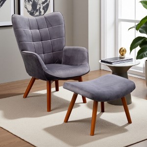 Silky Velvet Contemporary Accent Chair with Diamond Button Tufting and Ottoman - 1 of 4