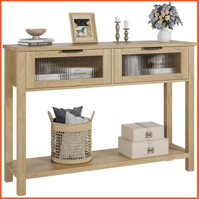 Homhougo Entryway Table, Wood Console Table with 2 Glass Drawers Ivory