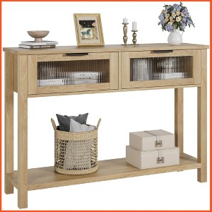 Homhougo Entryway Table, Wood Console Table with 2 Glass Drawers Ivory - 1 of 4