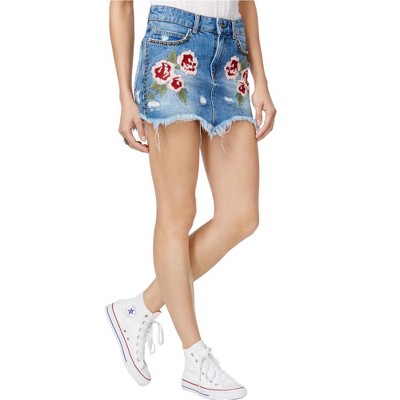 Free People Womens Embroidered Floral Denim Skirt