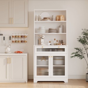Kitchen Pantry Cabinet with Drawer, 6 Tier Kitchen Hutch with Double Glass Doors and Adjustable Shelves, Coffee Bar Cabinet for Dining Room - 1 of 4