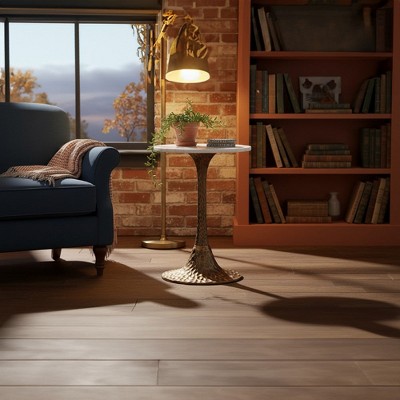 Royal Hampton 20.5 Inch Accent Side Table Round White Marble Top | Hammered Pedestal Base