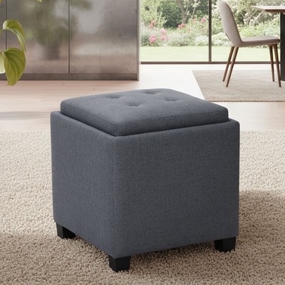 Square Leather Ottoman with Reversible Tray Lid – Hidden Storage Footrest, Small Coffee Table, Sturdy Design – 18”x18”