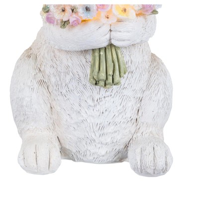 White Resin Bunny Figurine with Lighted Floral Bouquet