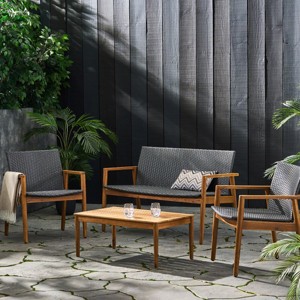 Outdoor Chat Set, Patio Furniture Set for 4 People, Wood Legs, Rattan Seats, Seats with Table, Loveseats-Coolbibila - 1 of 4