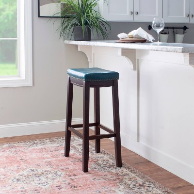 Claridge Dark Brown & Blue Faux Leather 32" Backless Saddle Bar Stool