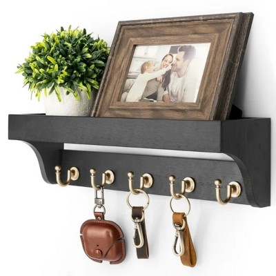 LunaLulinlk Decorative Key Holder Wall Mount with Shelf - Modern Hanging Mail Organizer with 5 Hooks (Black)