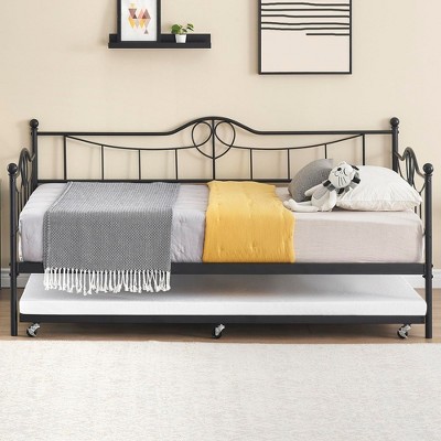 Twin Daybed with Trundle Bed,Metal Twin Day Bed Twin Size with Steel Slat Support, Sofa Bed for Living Room and Guest Room
