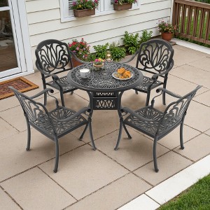 5-Piece Cast Aluminum Outdoor Dining Set: Round Table, Stackable Chairs & Brown Cushions - All-Weather Patio Furniture for Your Backyard - 1 of 4