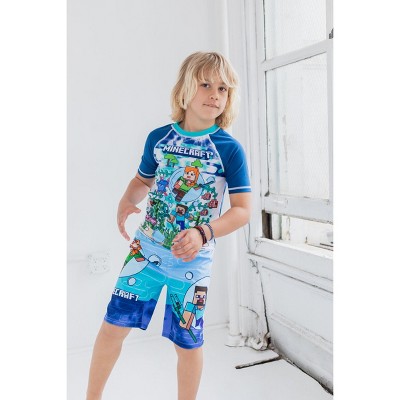 Minecraft Alex Steve Big Boys Rash Guard and Swim Trunks Outfit Set Blue 8 — фото 2