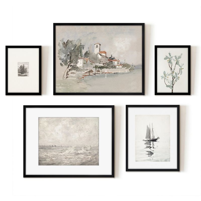Americanflat 5 Piece Vintage Gallery Wall Art Set - Seaside Villa, Seascape In Greys, Calm Sailing, Tree Etching by Maple + Oak, 1 of 5