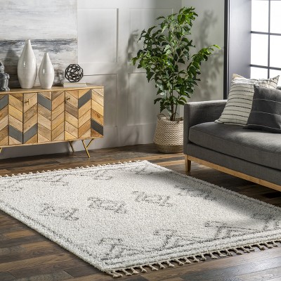 Braided White Shag Rectangular Easy Care Synthetic Rug