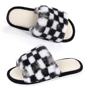 Women's Open Toe House Slippers Cross Band Fuzzy Indoor Slip On Bedroom Home Shoes - 1 of 4