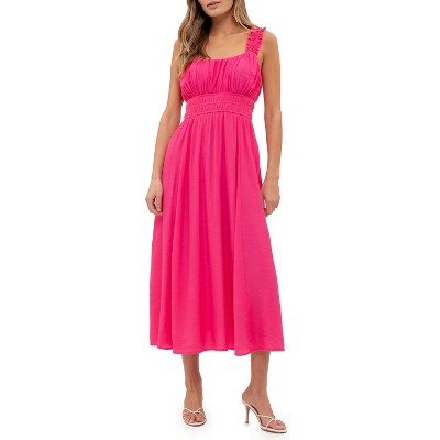 August Sky Women's Solid Sleeveless Wide Ruched Straps Midi Dress