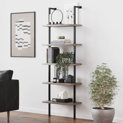 Nathan James Theo 6-Shelf Tall Bookcase Wall Mount Bookshelf Natural Wood Industrial Metal Frame Reclaimed Oak/Black