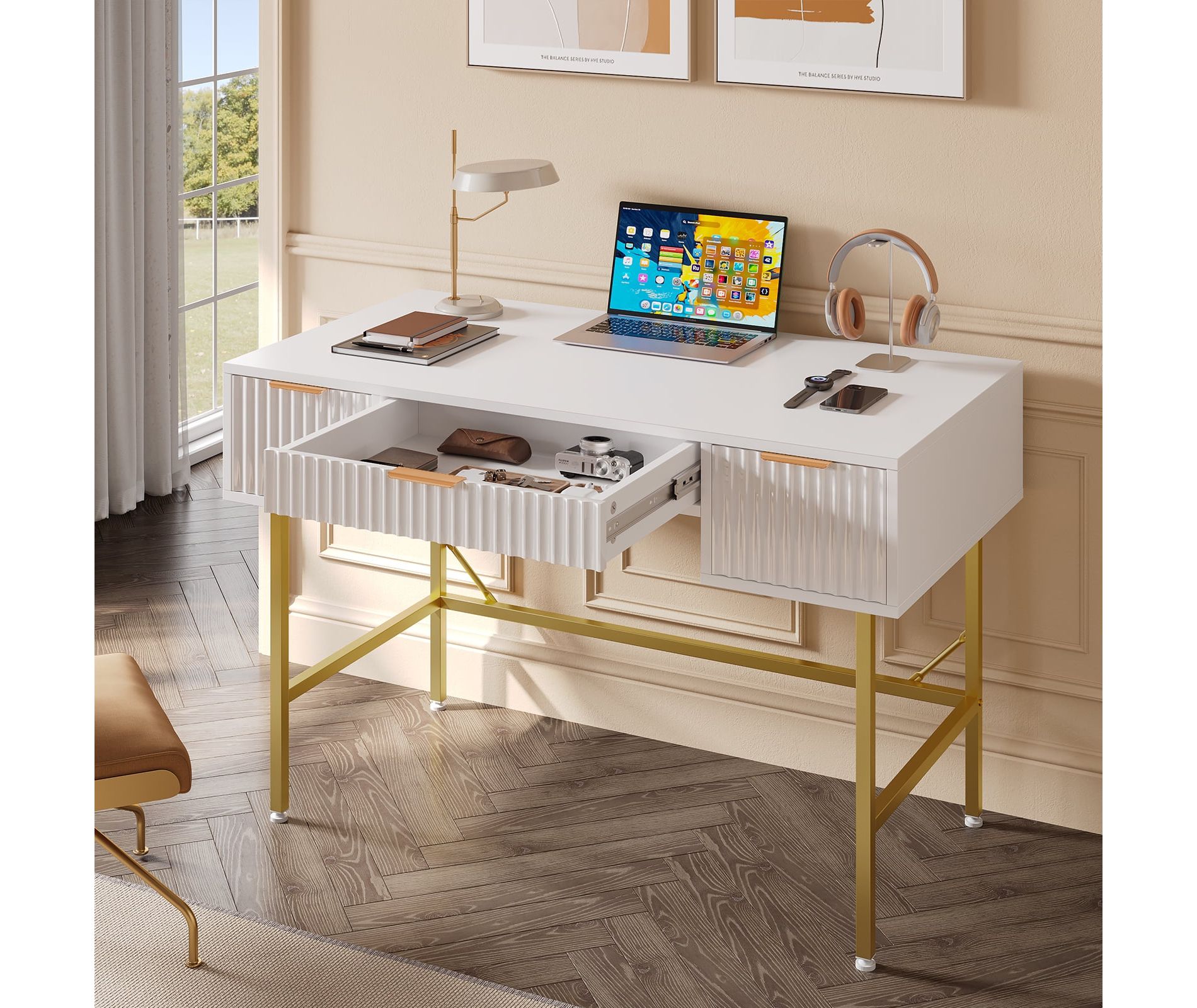 Bestier 47" Fluted Computer Writing Desk with Storage for Home Office,Fluted Makeup Vanity Desk with 3 Drawers and golden legs,White