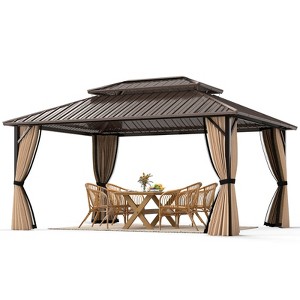 Costway 16 x 12 FT Hardtop Gazebo with Netting Heavy-Duty Double-Roof Galvanized Metal Top - 1 of 4