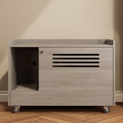 Chic Crate-Gray End Table for Cat Litter Box Enclosure - Hidden Wood Furniture with Top Fence, Multi-Use Storage Bench